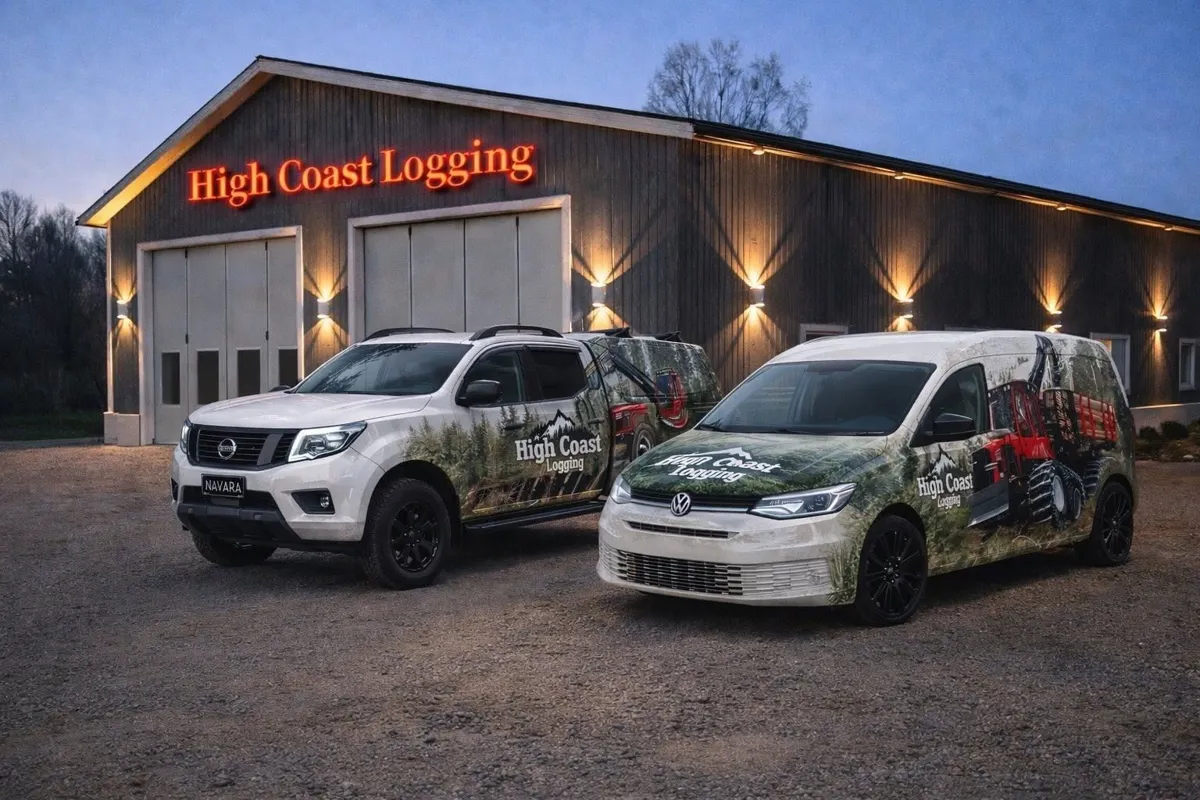 Lokalen med den upplysta skylten High Coast Logging i skymningen, med två bilar i företagets dekor framför