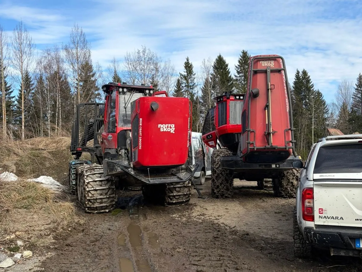 Två röda skogsmaskiner på en lerig skogsväg mellan björk och gran