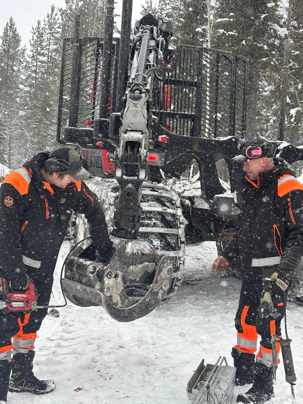 Två personer i arbetskläder servar skotarens grip i snöfall