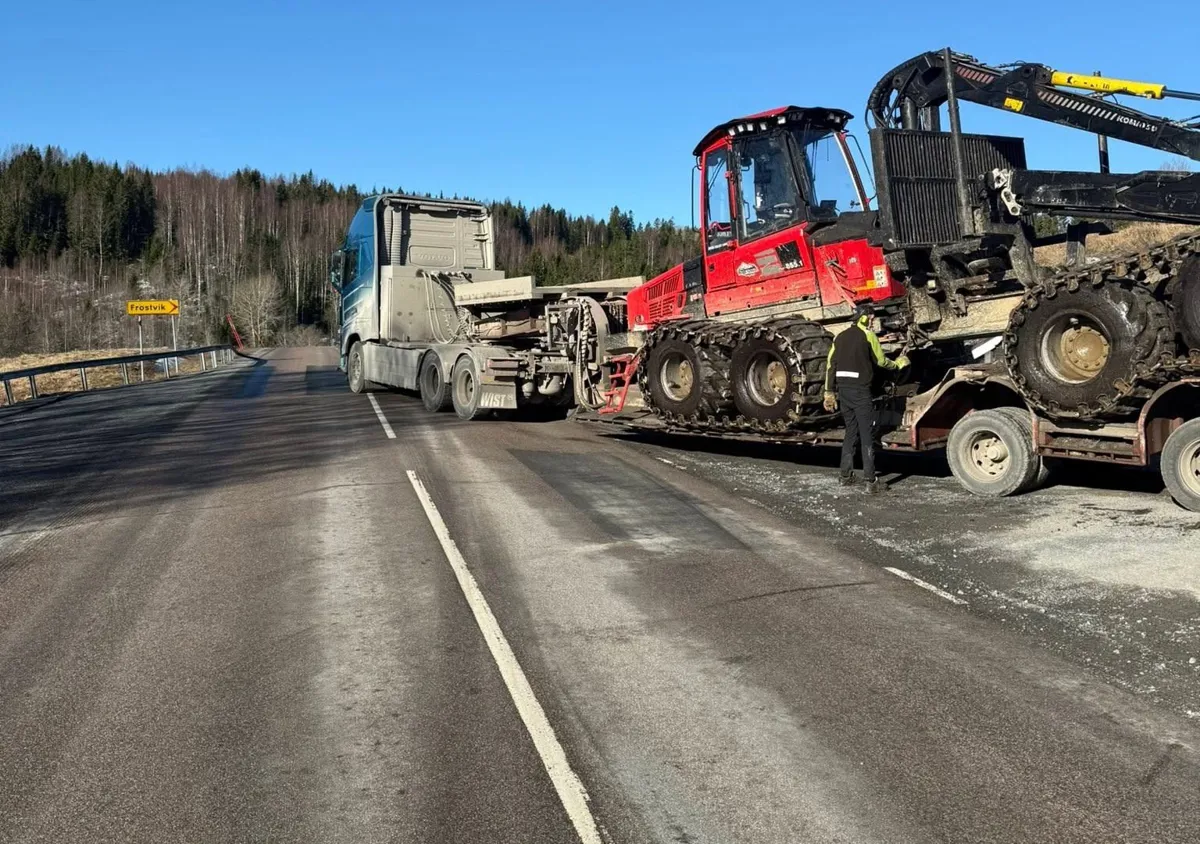 Skotare lastad på maskinsläp vid en landsväg en solig dag
